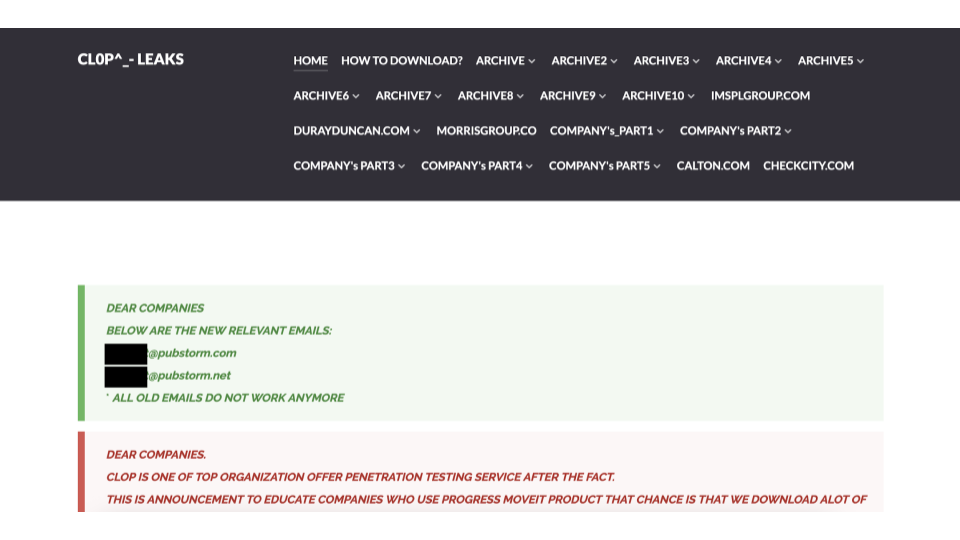 Leak site operated by the Clop ransomware gang.