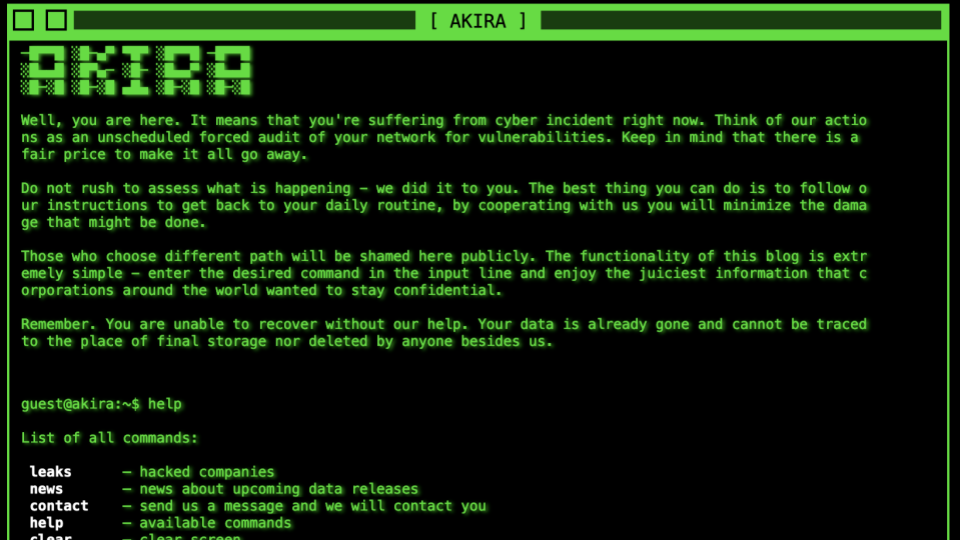 Victim panel used by the Akira ransomware gang on the dark web. 