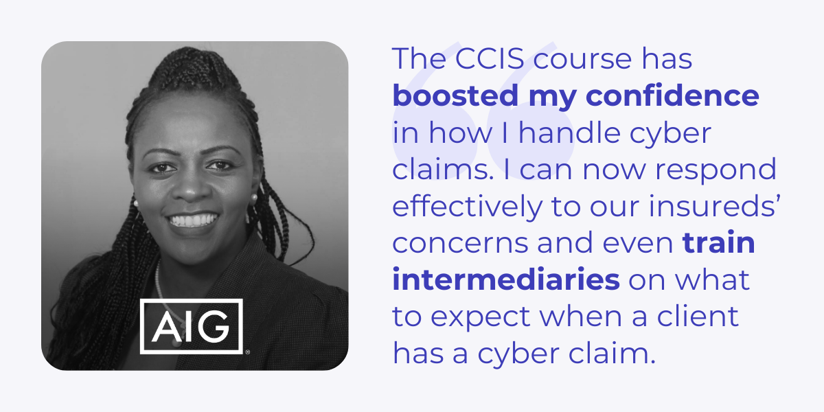 Headshot of a Certified Cyber Insurance Specialist scholar from the Cyber Insurance Academy Scholarship Program, sharing a testimonial quote on how the program advanced her career and highlighted the importance of diversity in cybersecurity and insurance.