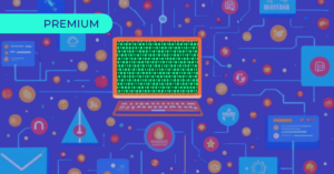 Laptop displaying binary code with interconnected cybersecurity symbols, representing quantum cyber risk.